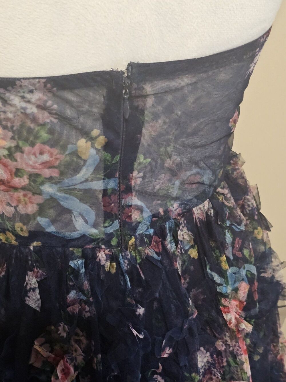 LULUS Stunning Element Navy Floral Mesh Ruffled Strapless Maxi Dress Size Small - Picture 5 of 13